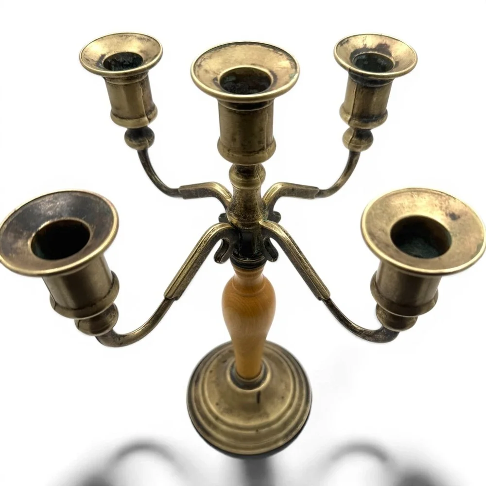 Vintage Italian Brass Wood 5 Arm Candelabra Candle Holder Made in Italy 12